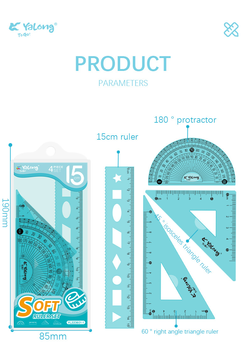 Yalong Cross-border wholesale flexible rulers, student stationery, geometric rulers 15 cm, plastic in multiple sizes, 4 pieces ruler sleeves pic 7
