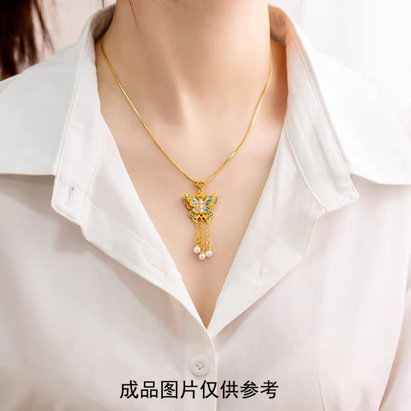 幽梦蝶生珐琅蝴蝶吊坠越南沙金珍珠首饰久不掉色锁骨项链女批发详情3