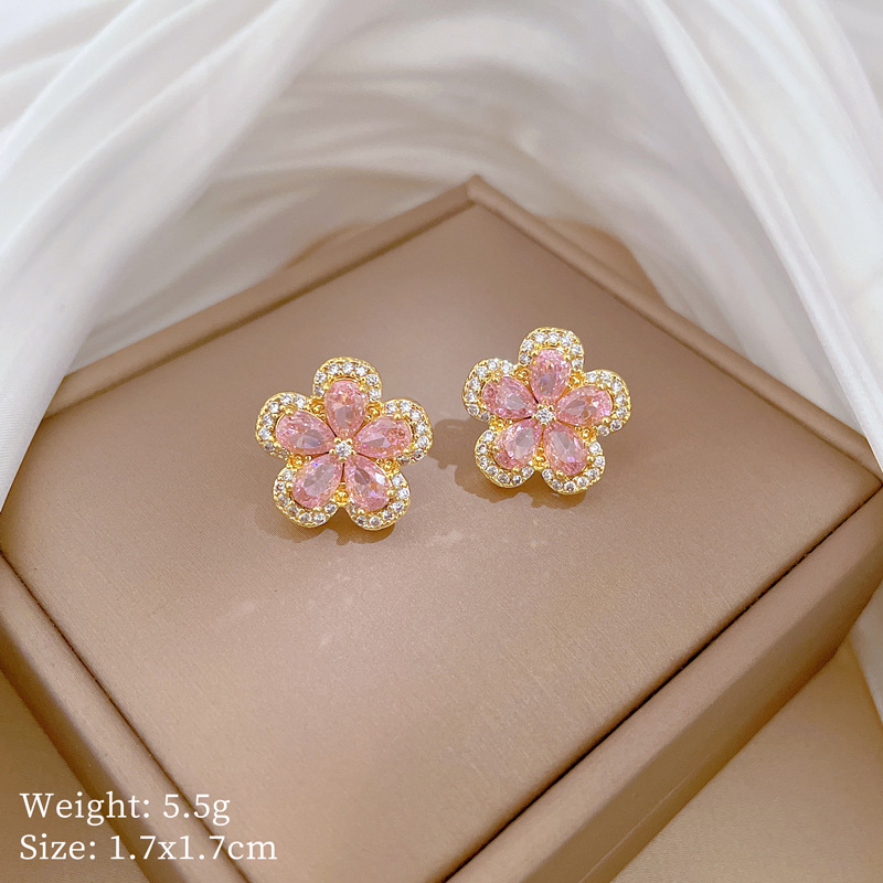 【钛钢】五叶花朵项链耳环套装轻奢微镶个性气质宴会耳饰项饰组合详情6