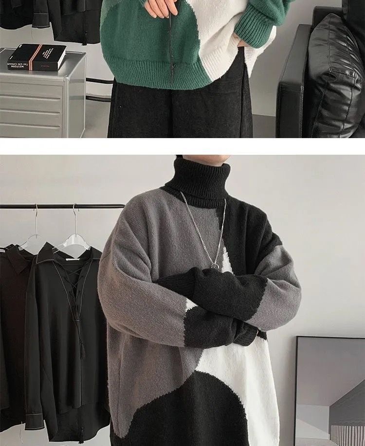 High-neck sweater for men, Hong Kong-style knitted sweater for both men and women, thick, trendy, loose and laid-back sweater for men in winter pic 10
