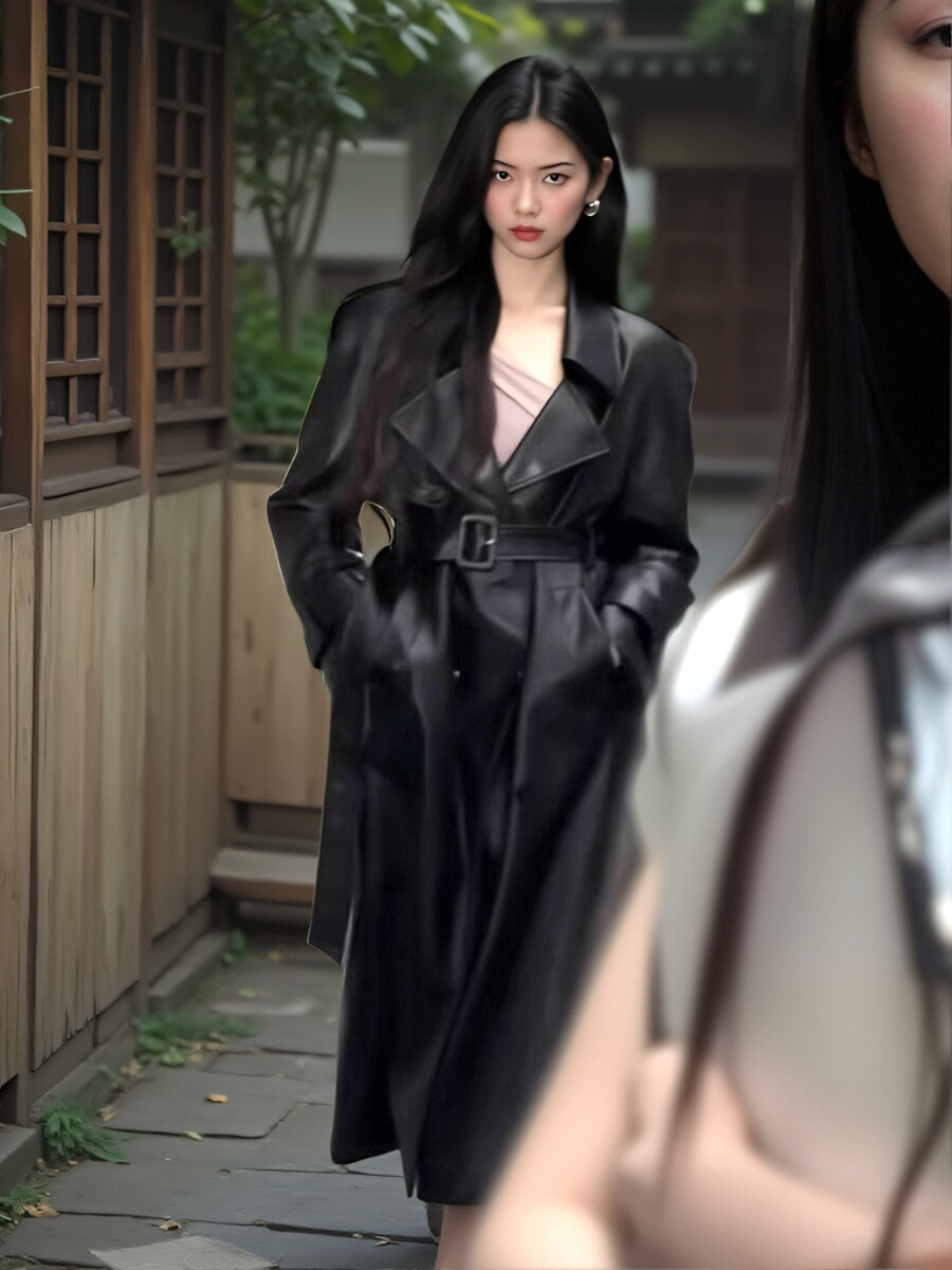 杨超越同款外贸黑色风衣女高级感2024新款长款高个子PU皮外套大衣详情6