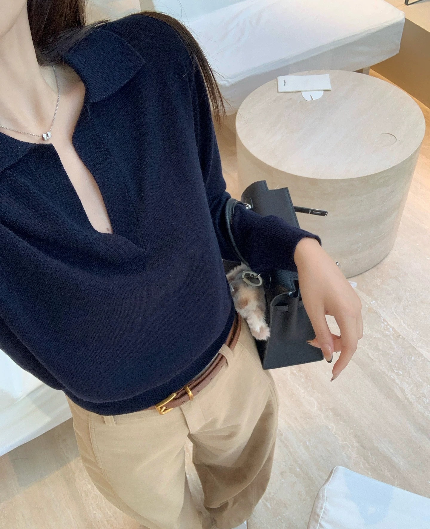 Lin12-高智淡人毛衣老钱风Polo领针织衫女慵懒休闲V领长袖上衣详情3