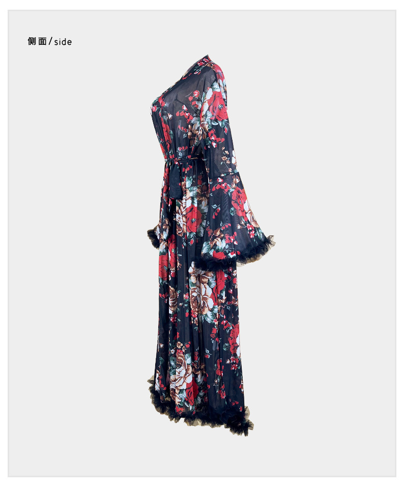 Ambiance vintage francés floral toga manga larga cuello en V fleece adorno con cordón cierre cintura inicio robe 1119 pic 16