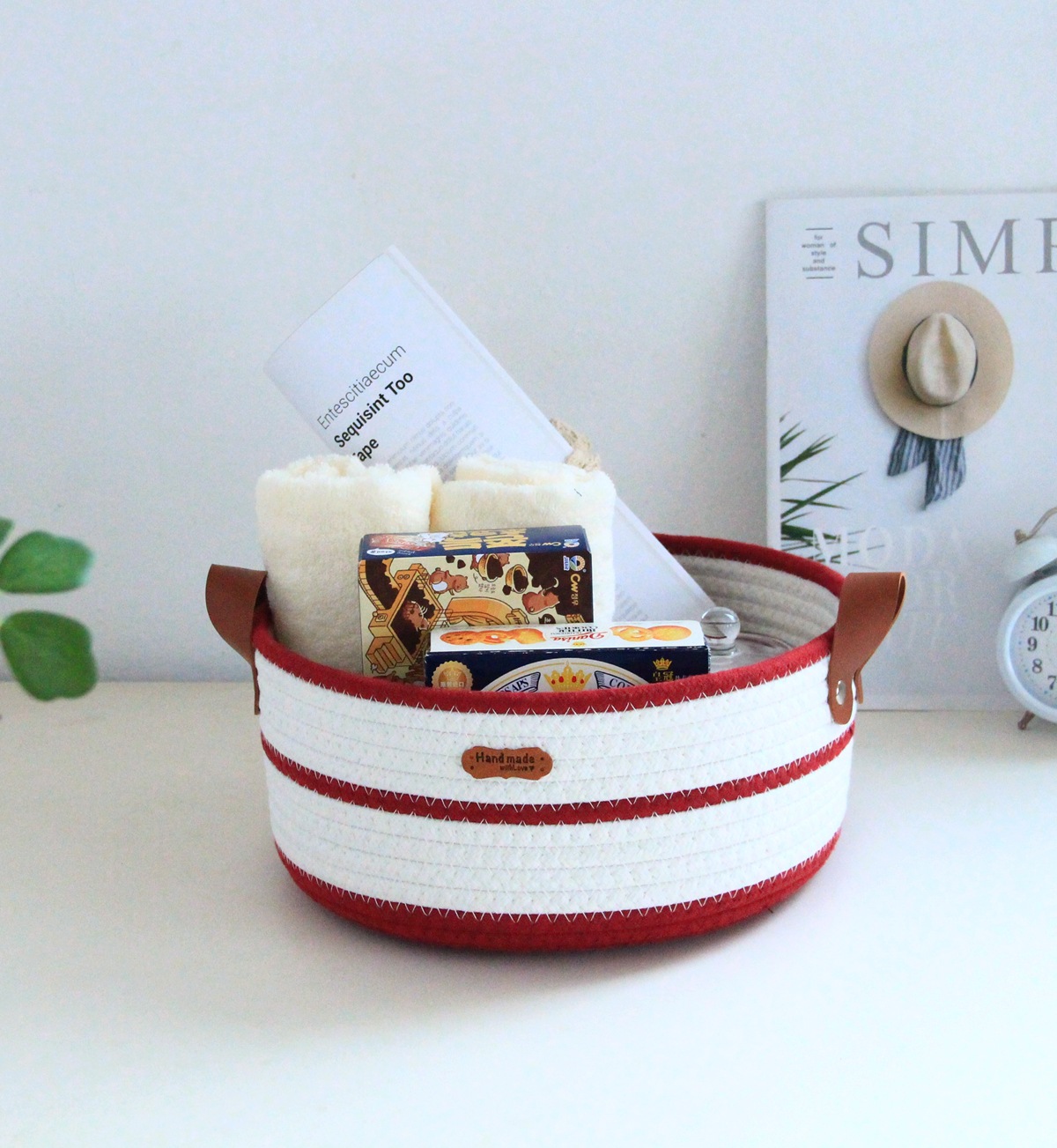 Round cotton rope woven storage basket with leather handle, InS-style desktop storage basket, cosmetics and toys storage box, Nordic style pic 13