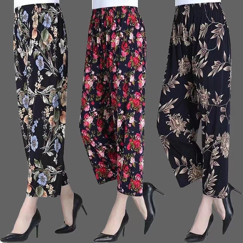 国潮-中老年女装夏季九分冰丝花裤薄款休闲加肥高腰宽松防蚊妈妈阔腿裤详情7