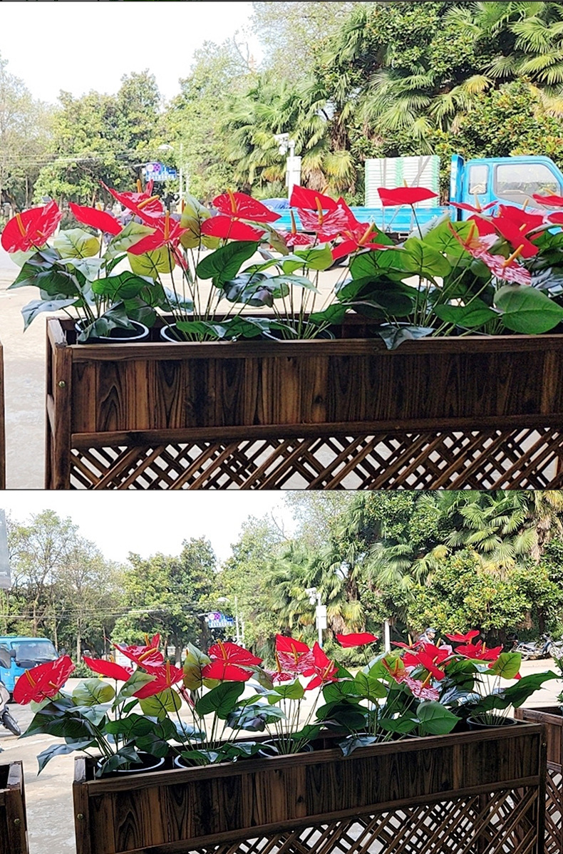 Finished handcrafted red artificial flower anthurium decoration, wedding spring plants, kalanchoe potted artificial green plants, office culture pic 15