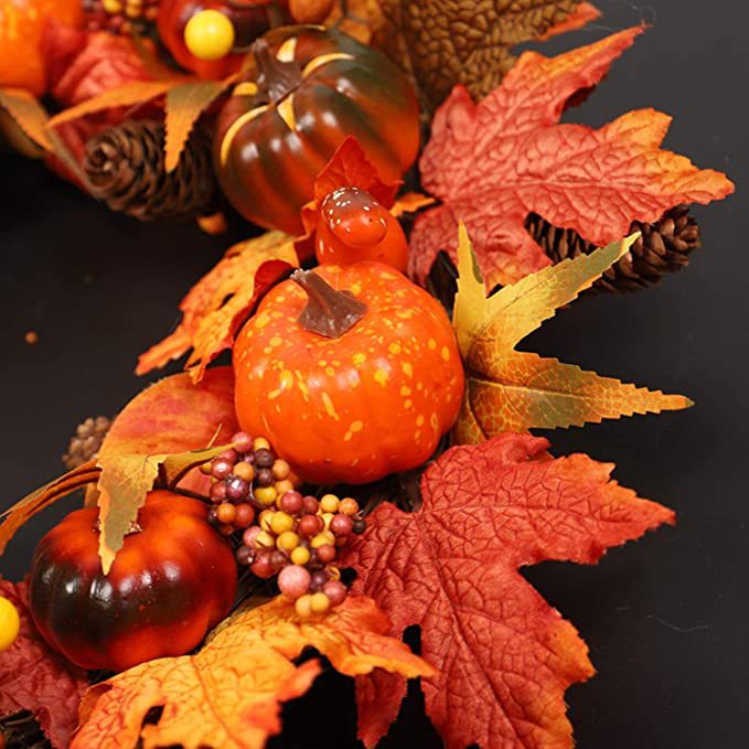 厂家定制秋季南瓜枫叶花环感恩节万圣节门饰花环藤条藤圈家居装饰详情3