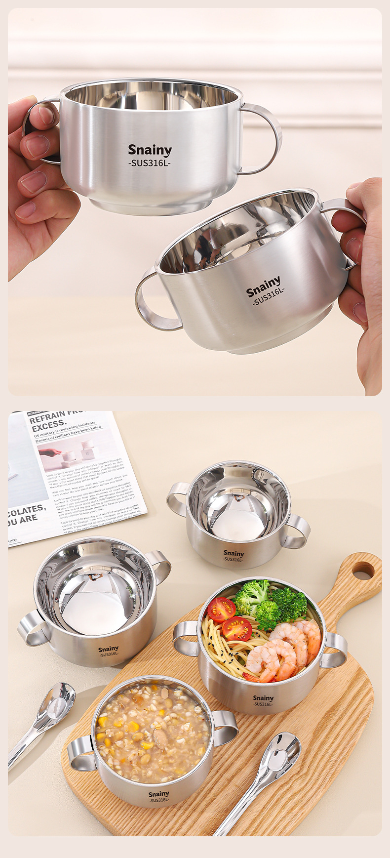 316 stainless steel children's bowl, baby feeding special complementary food bowl, food-grade rice bowl, anti-drop and anti-scald, double-ear soup bowl pic 12