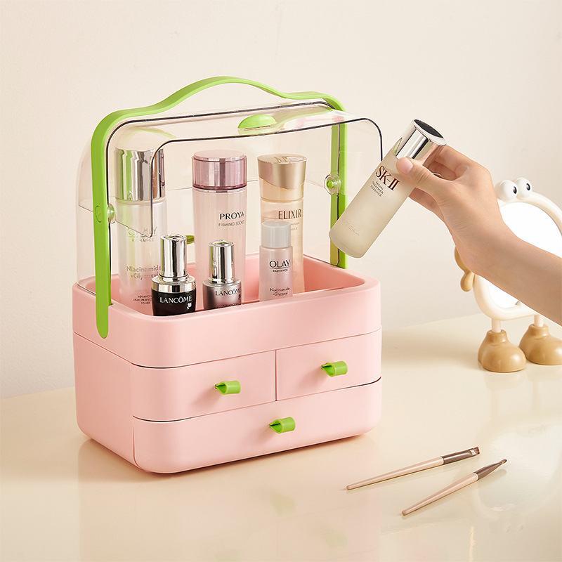 新款手提化妆品收纳盒宿舍桌面防尘整理箱护肤品置物架带盖化妆盒详情4