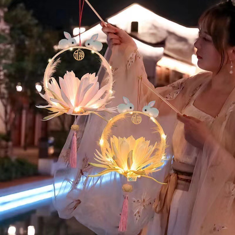 中秋节古风手提儿童兔子花灯昙花羽毛玉兔宫灯发光兔子灯笼成品详情6
