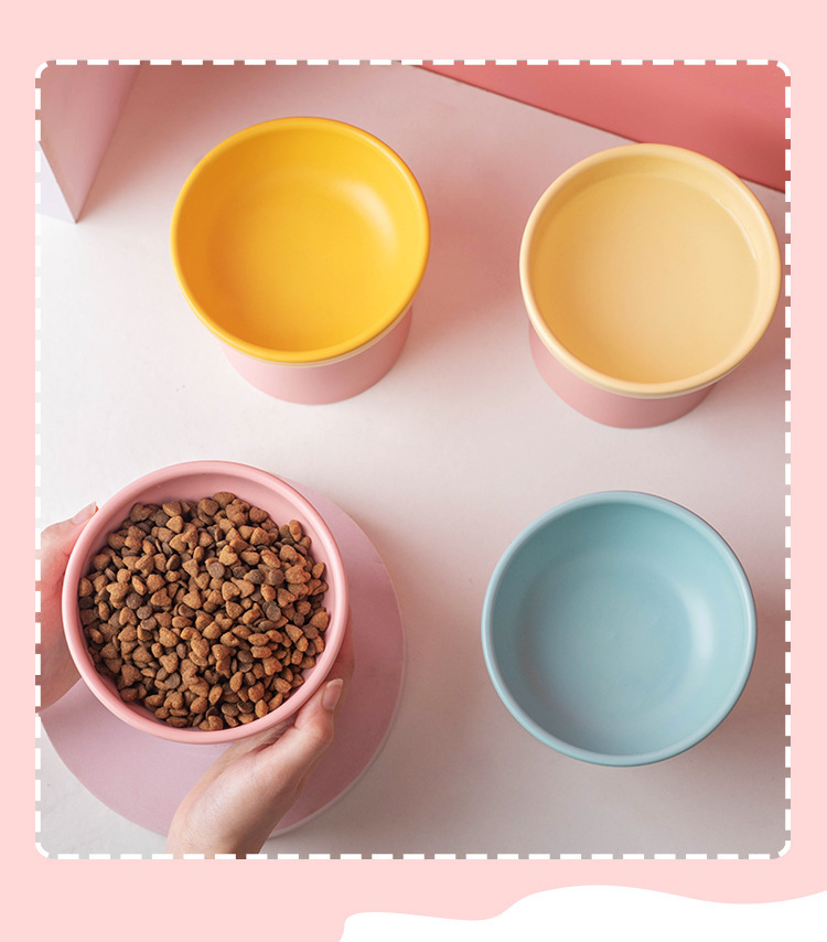Wholesale of color-blocking ceramic cat bowls with high legs to protect the cervical vertebrae, cat food bowls, cat and dog basins, drinking bowls, and pet snack bowls pic 8