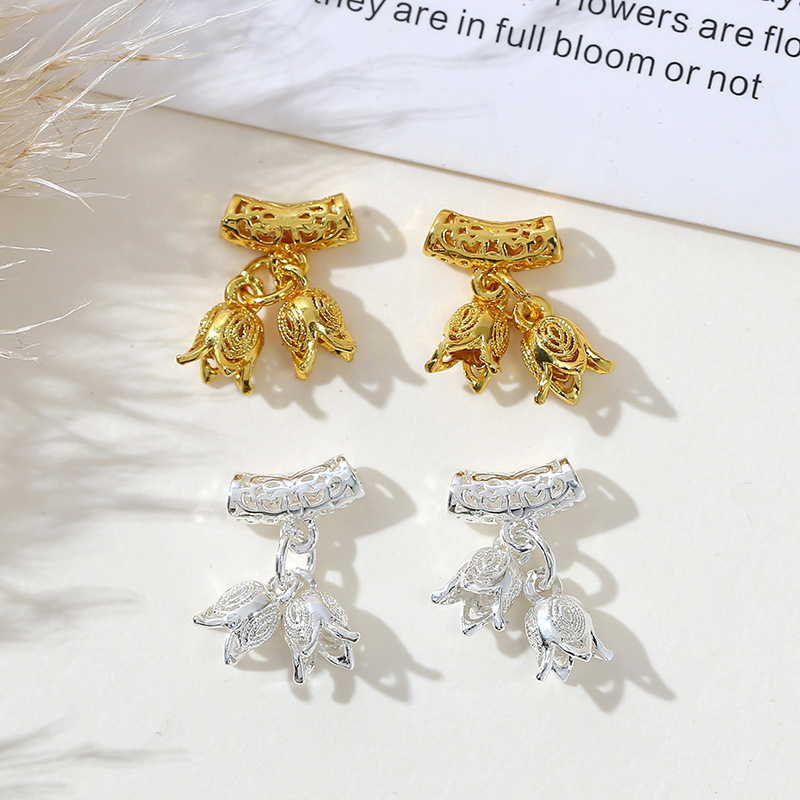 Ancient-style gold color preservation blue lily flower curved tube pendant diy bracelet necklace, hollow flower bud sand gold pendant accessory pic 2