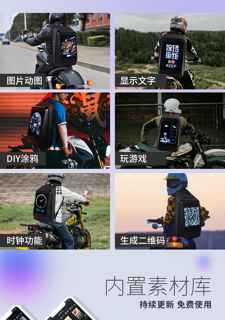 2024新款摩托车LED高清机车骑行背包智能显示屏双肩背包书包防水详情4