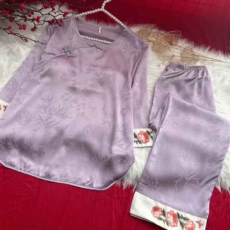 National Trend [Chest Cushion Style] Pajama story Chinese ice Silk Home Wear Long-sleeved Chinese style retro Mom Dress pic 7