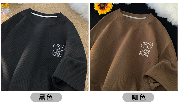 Waffle large-sized short-sleeved T-shirt for men, summer Korean style trendy clothing, printed loose half-sleeved American heavyweight T-shirt pic 7