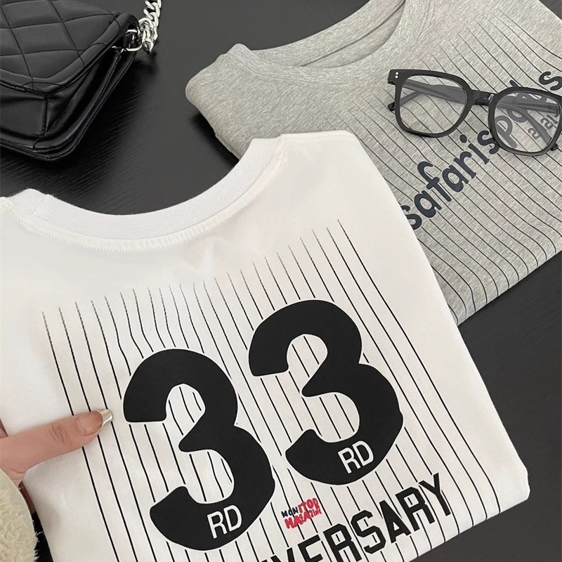 韩国小众潮流休闲运动风33号前后印花竖条字母显瘦正肩短袖T恤女详情13