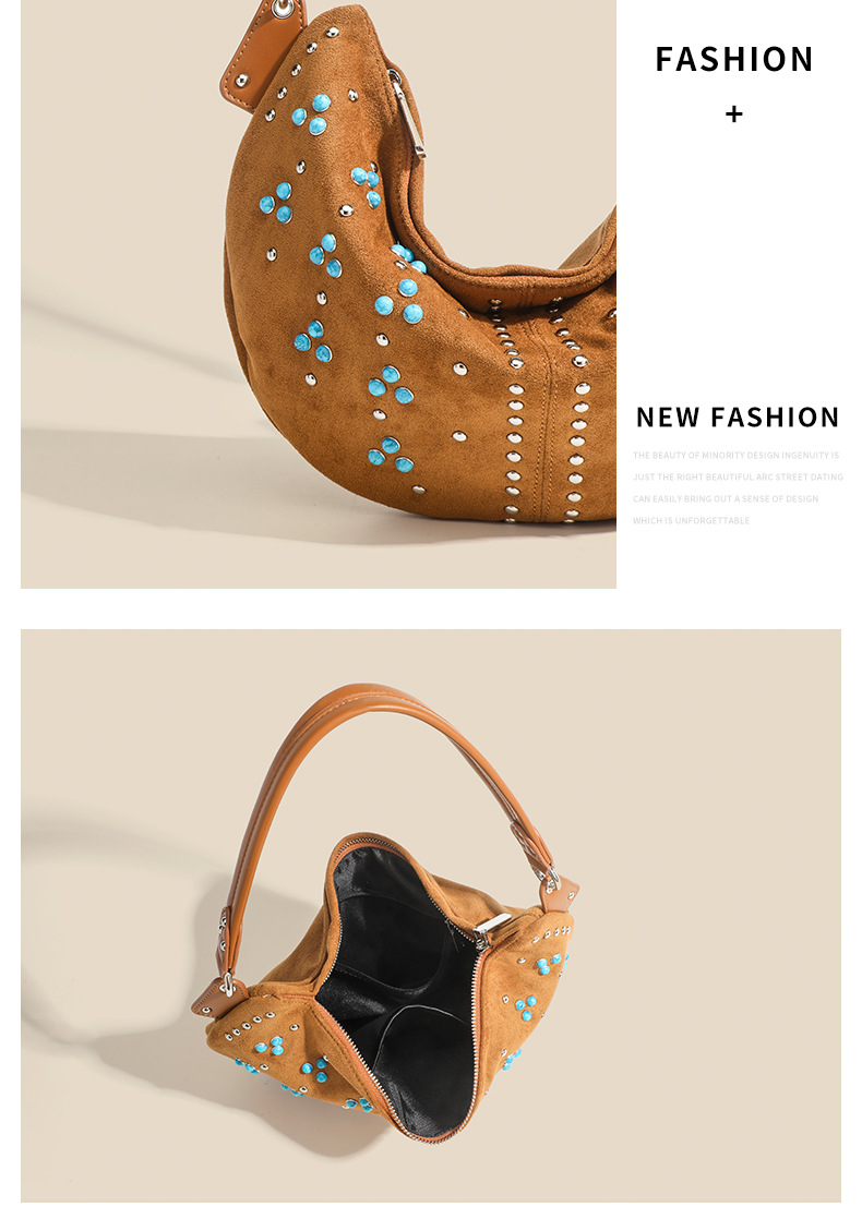 小众设计女包复古铆钉磨砂手提斜挎包月牙腋下单肩包麂皮绒托特包详情11