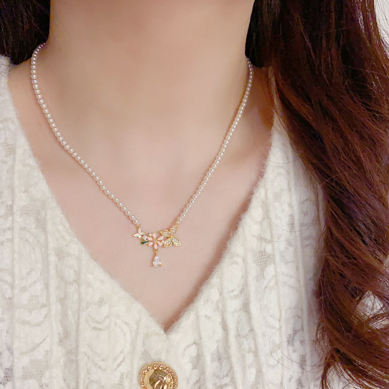 Spring new style, fashionable and sweet zircon butterfly pendant pearl necklace, exquisite and versatile, super fairy necklace pic 11