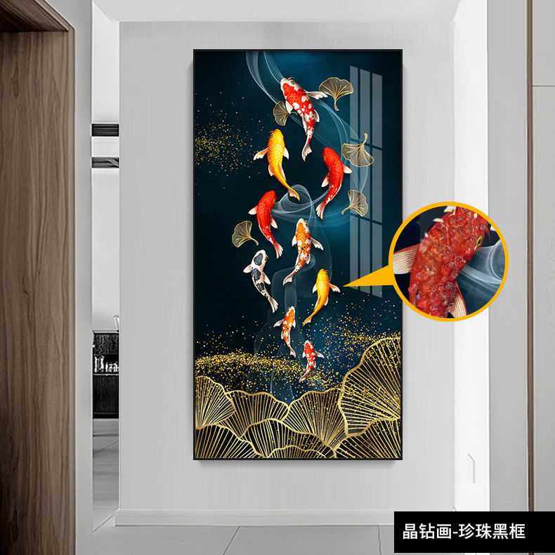 九鱼图玄关画入户画客厅挂画现代轻奢装饰画大气竖版走廊过道壁画详情10
