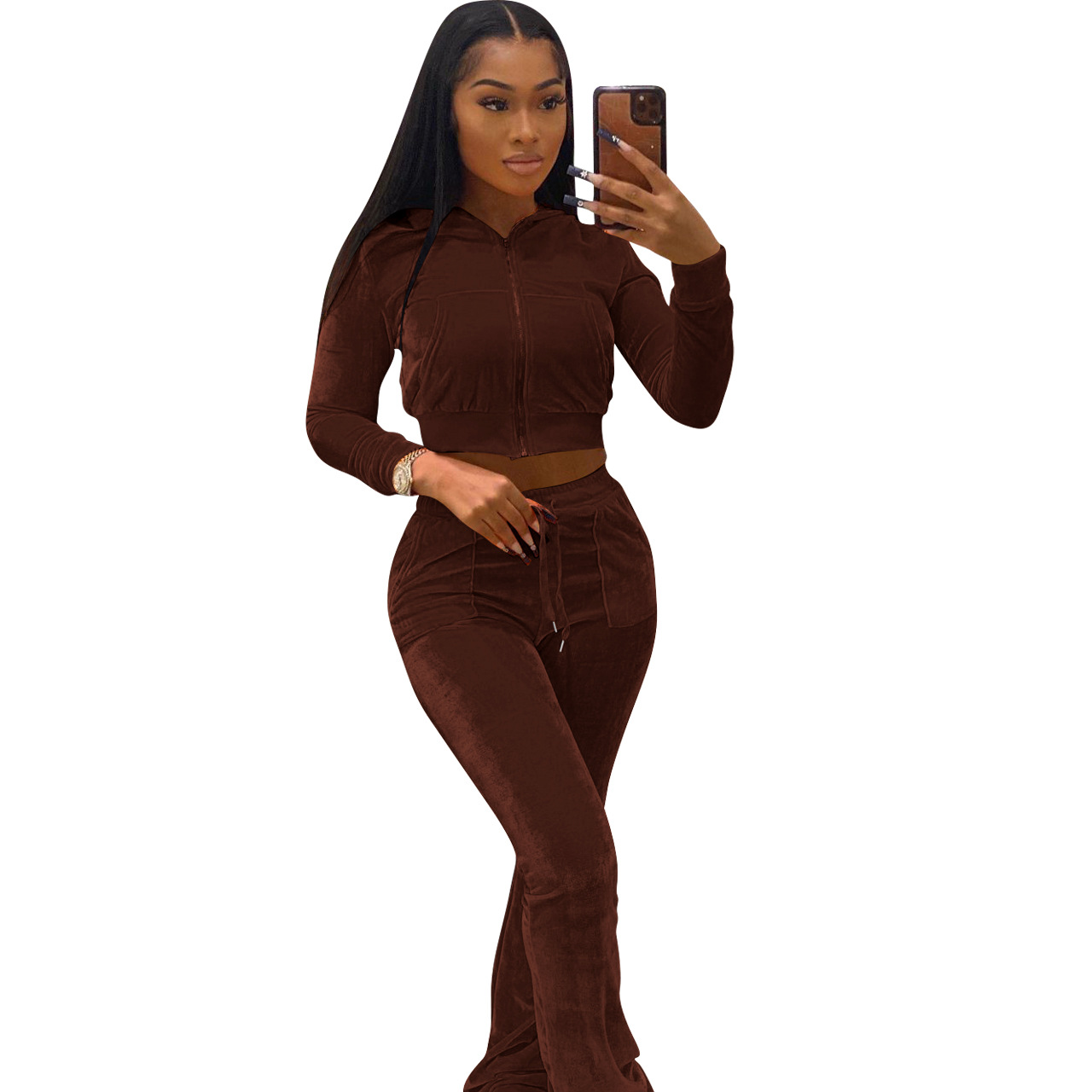 Solid color gold velvet wide-leg pants two-piece set pic 179