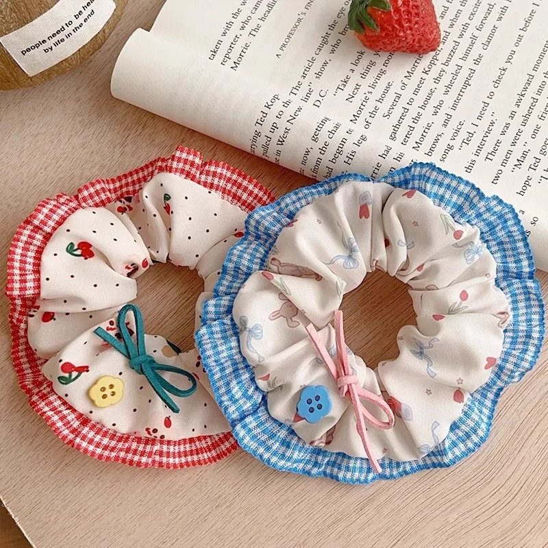 Cute little bear rabbit checkered lace trim large intestine hair band, girlish heart bow, fabric hair tie, leather band hair tie pic 16