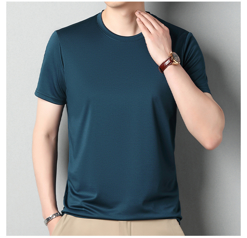 2024夏季新款桑蚕丝男士短袖纯色休闲中年薄款透气体恤男t恤批发详情12