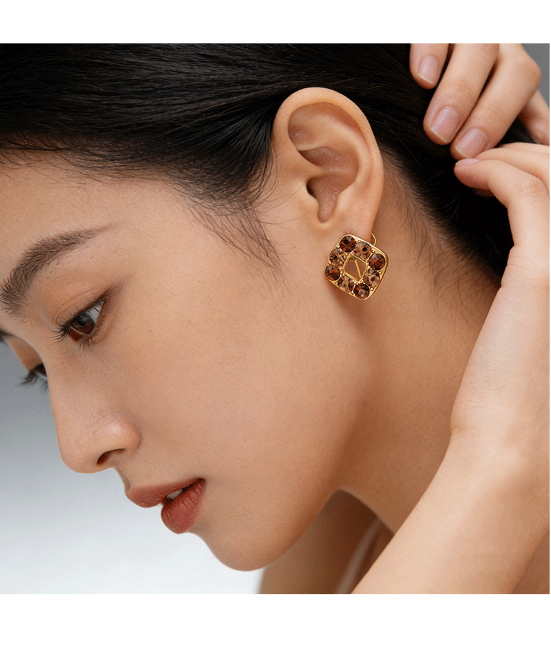 Hyacinth925 silver needle retro Hong Kong-style small stud earrings, niche design, commuting caramel-colored square earrings, elegant earrings pic 4