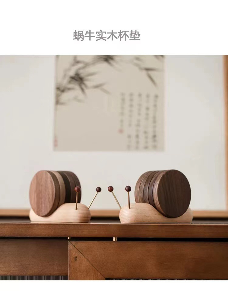 桌面创意蜗牛木制杯垫隔热垫装饰摆件受热垫锅垫碗垫杯托磁吸批发详情2