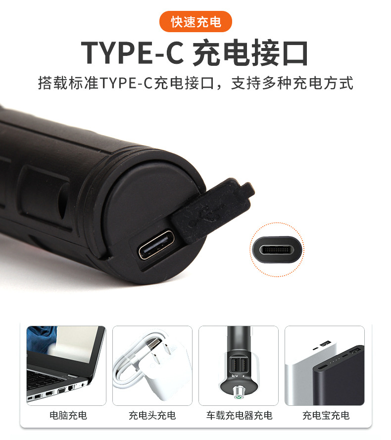 户外强光手电筒 多功能可变焦塑料应急手电usb充电露营地摊照明灯详情5