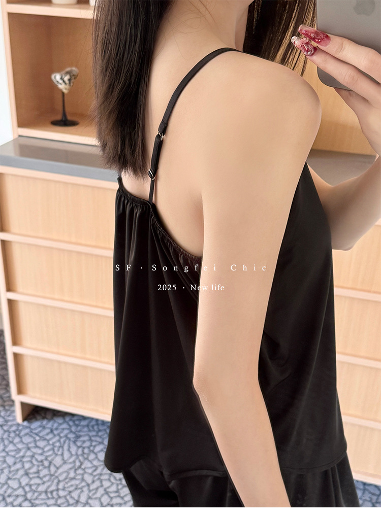 Summer new ice silk adjustable home wear two-piece set with chest pad buttons, ice skin halter shorts and pajama pic 28
