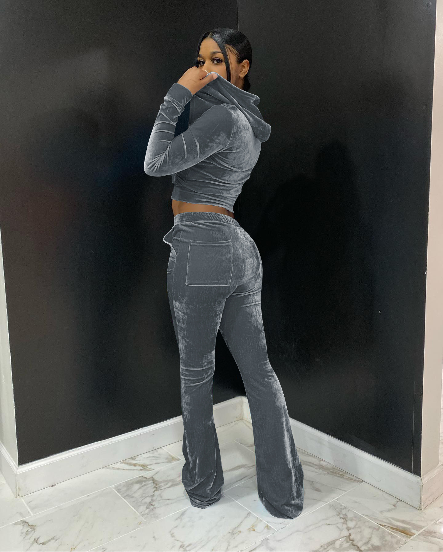 Solid color gold velvet wide-leg pants two-piece set pic 21