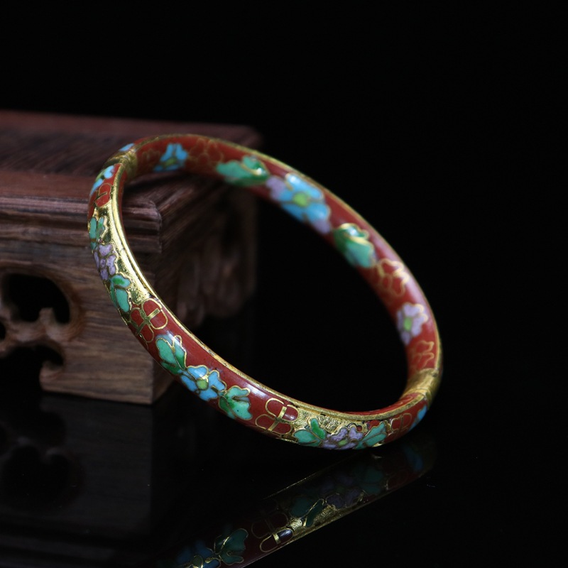 Beijing Cloisonne vintage collectibles, classical ethnic style copper body cloisonne enamel jewelry, semi-gold base bracelet pic 10