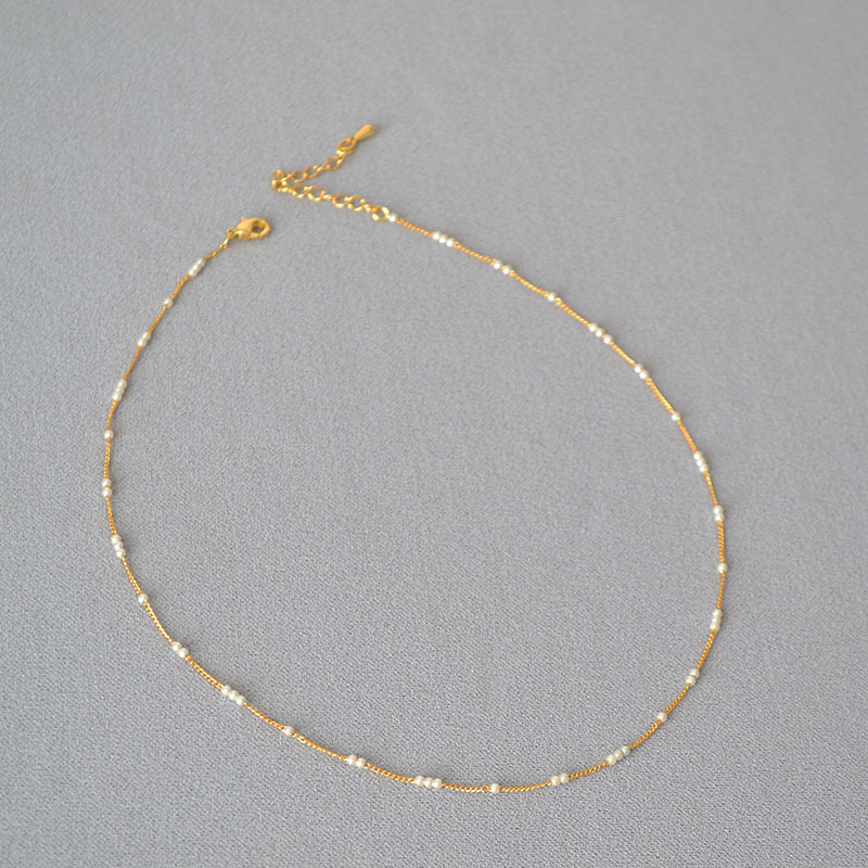 法式小众设计简约迷你baby小珍珠间隔黄铜镀金优雅极细项链锁骨链详情9