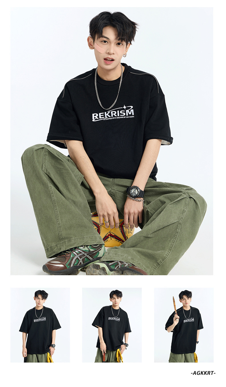 Heavy cotton short-sleeved T-shirt for men, Spring/Summer 2025, American letter print zipper design, loose and versatile base layer pic 18