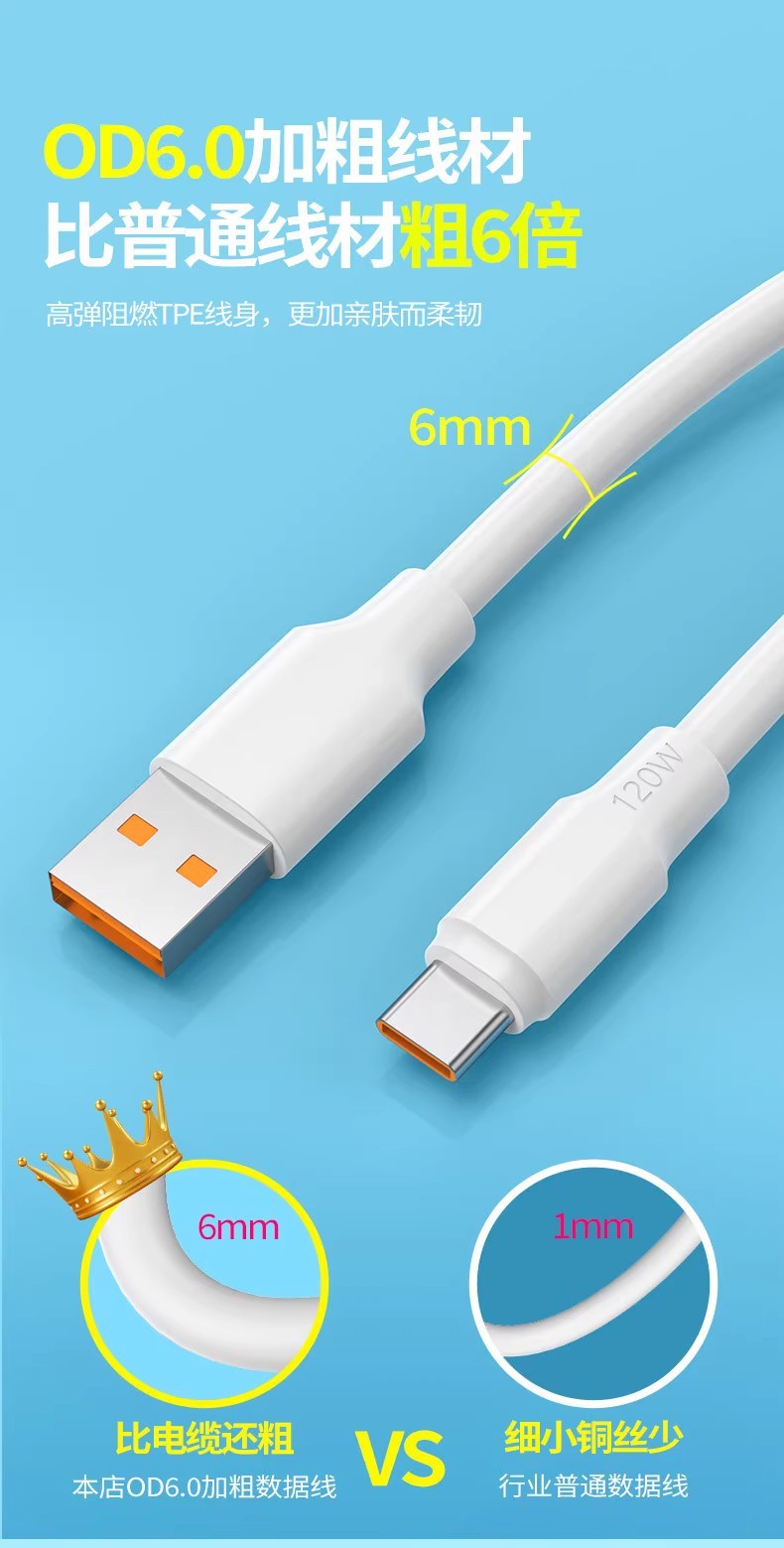 加粗120W超级快充充电线适用于苹果华为小米Type-C蟒蛇闪冲神龙线详情2