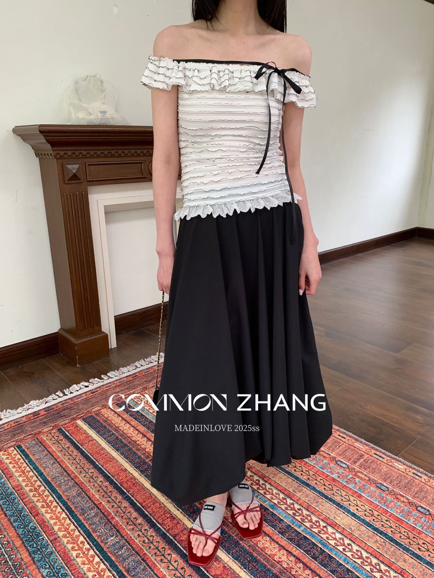 CZ ZHANG Summer French lace one-shoulder off-the-shoulder, contrasting color striped waist-cinching slim shirt B23795 pic 10