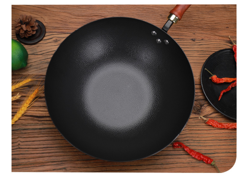 章丘手工锻打铁锅不粘锅锤纹家用老式炒菜锅无涂层电磁炉铁锅工艺详情17