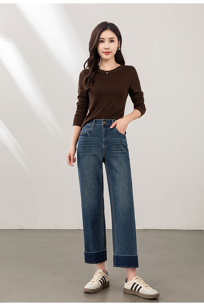 鑫阁复古九分牛仔裤女秋季四面弹百搭秋新款小个子宽松直筒阔腿裤详情4