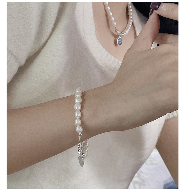 S925 sterling silver freshwater pearl vintage handcrafted Good Luck brand necklace and bracelet set, fashionable and simple collarbone chain pic 18