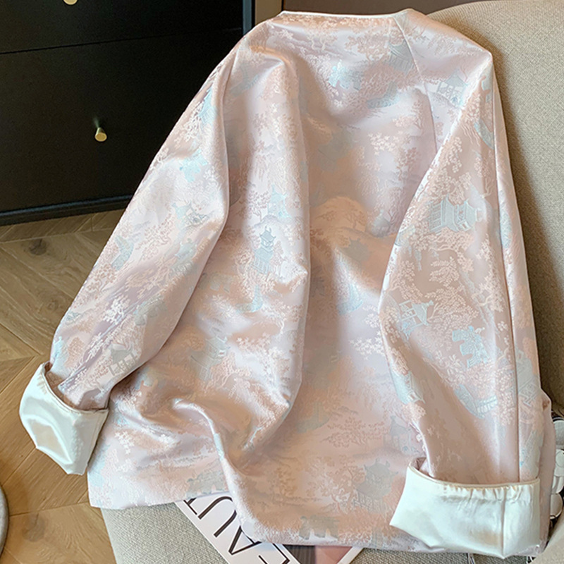 新中式盘扣提花缎面外套2024春季新款复古圆领设计感唐装旗袍上衣详情3