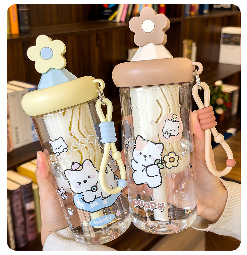 Cute cat-patterned transparent water cup with handle, glass cup with sun relief, glass thermos pic 13