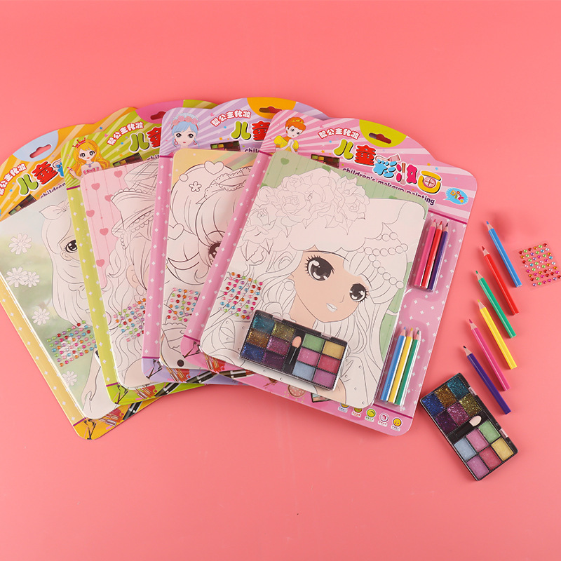 批发儿童彩妆贴画DIY填色涂鸦化妆贴画彩画彩铅钻贴6只笔一卡4张详情14