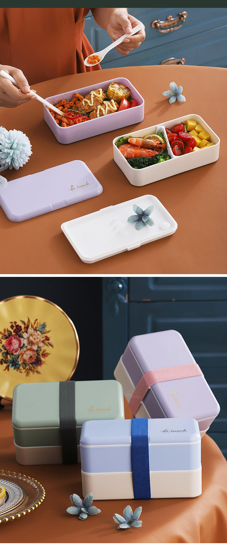 INS Japanese double-layer plastic lunch box, microwave oven bento box, student and adult lunch box with rice pic 47