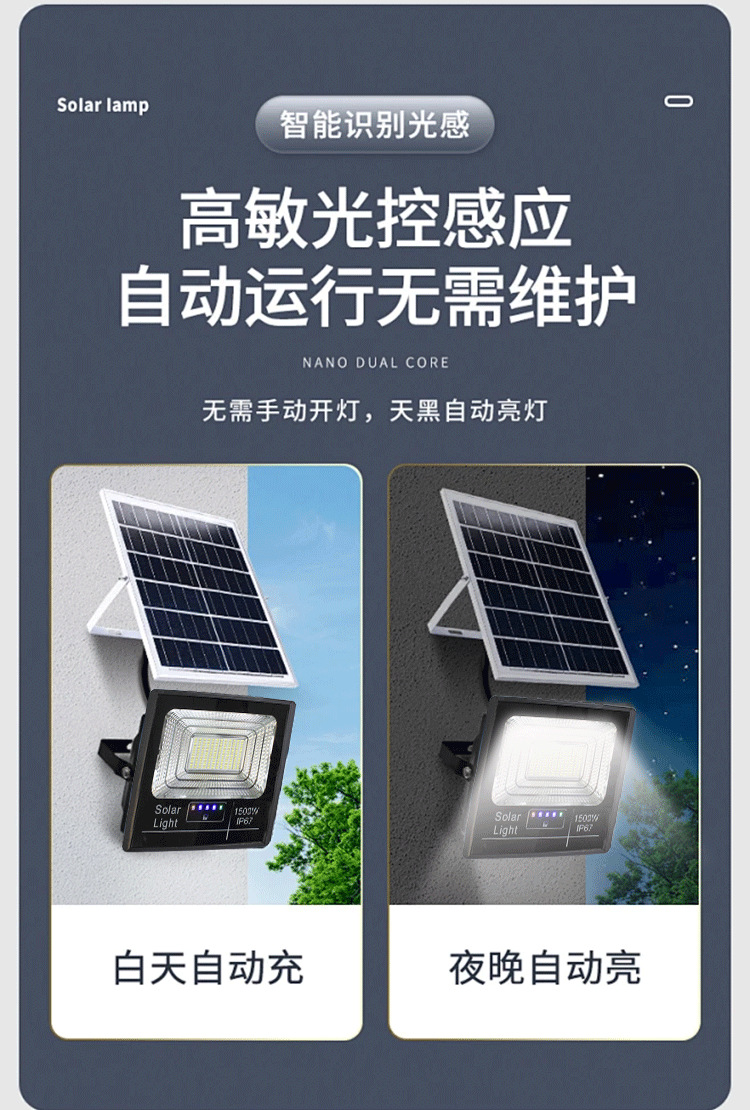 2025 New cross-border high-power light-controlled outdoor solar floodlight for street vending, LED lighting solar lamp pic 24