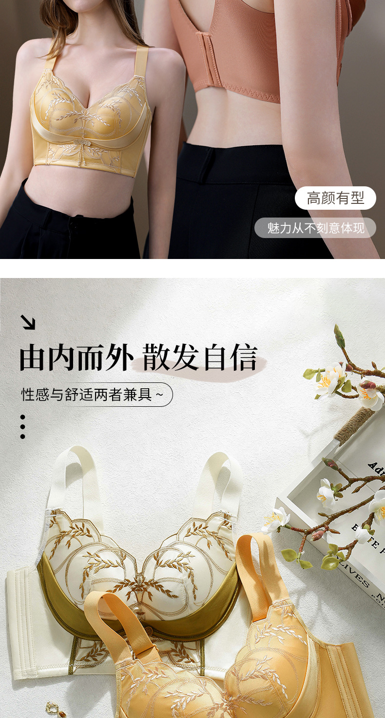 小鱼儿金色刺绣文胸侧收上托设计修饰胸型大胸显小修身性感内衣女宽松批发详情16