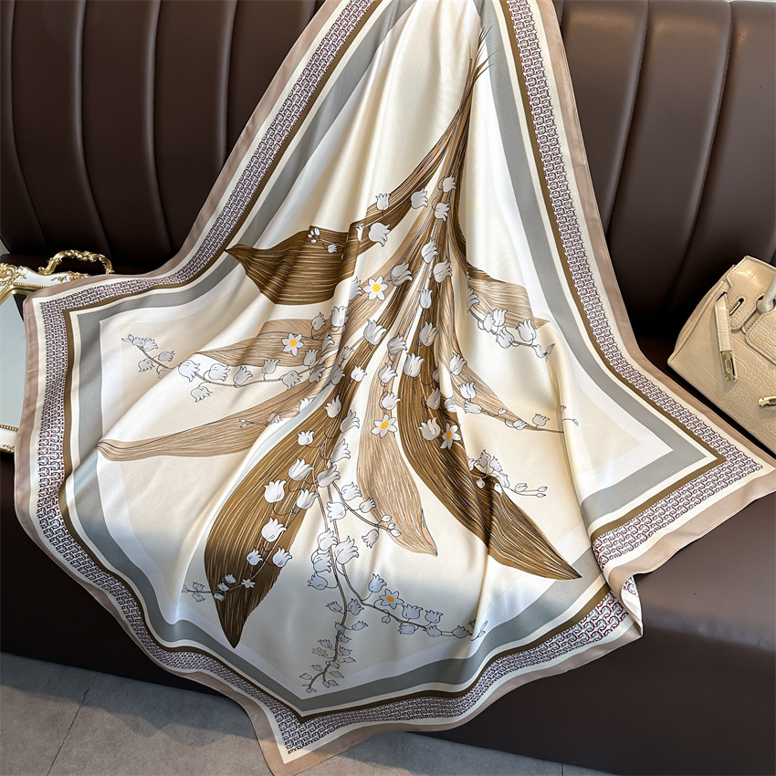 A 90cm new elegant and stylish square scarf with a twill pattern featuring Chinese trend lily of the valley flowers. It is a versatile sun-protective shawl and headscarf for women pic 2