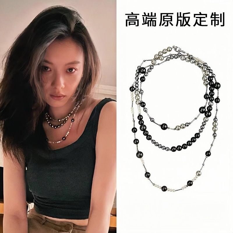 倪妮同款灰珍珠项链女轻奢气质小众设计高级感时尚长款颈链详情1