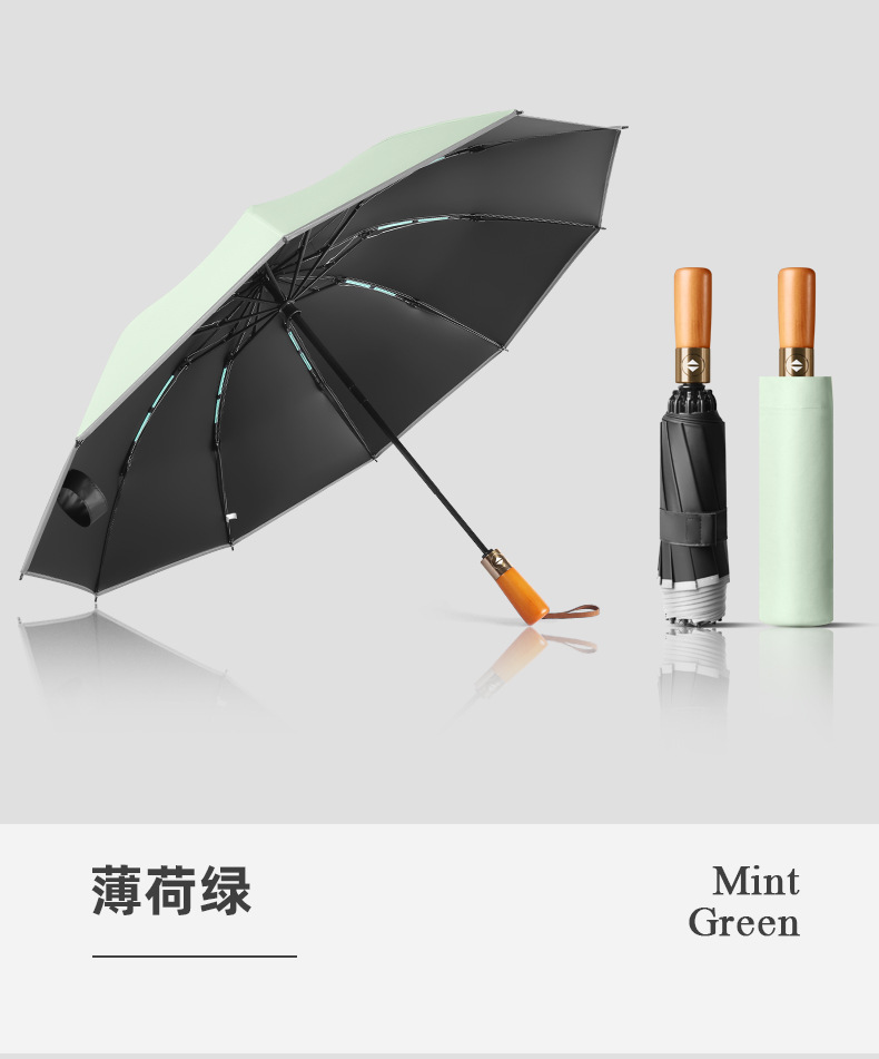 新款十骨双龙骨黑胶古铜拉丝反向伞配色手柄三折晴雨伞礼品伞印lo详情23