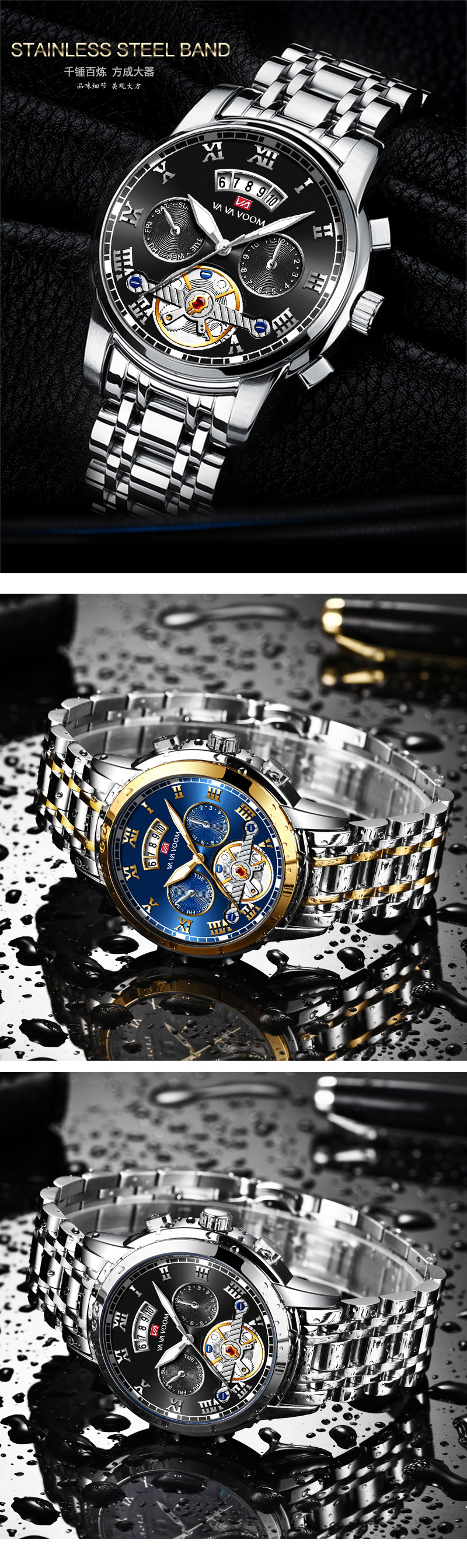 VA VA VOOM stainless steel tourbillon non-automatic mechanical multi-functional business watch, luminous waterproof watch for men pic 15