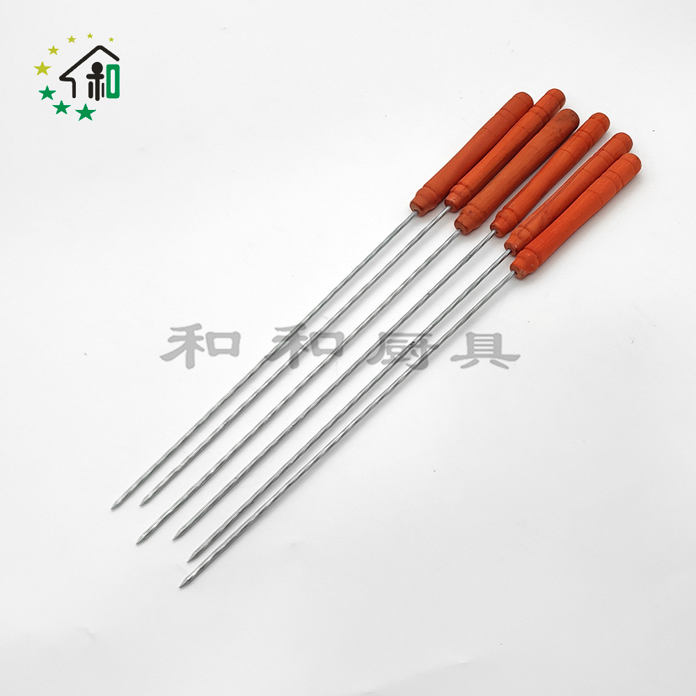 不锈钢木手柄烧烤工具 6支12支带刀麻花针多用途针 防滑螺纹烤针详情15